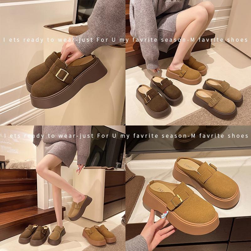 One Foot Pedal Bag Head and Half Slippers Women Wear Autumn and Winter New Thick-soled Heightening Retro Slippers