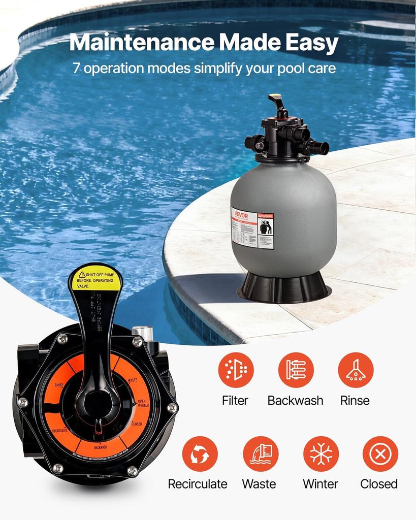 Sand Filter, 457.2 Mm, 151.4 LPM Above Inground Swimming Pool Sand Filter System, with 7-Way Multi-Port Valve, Backwash, Rinse, Recirculate, Waste,