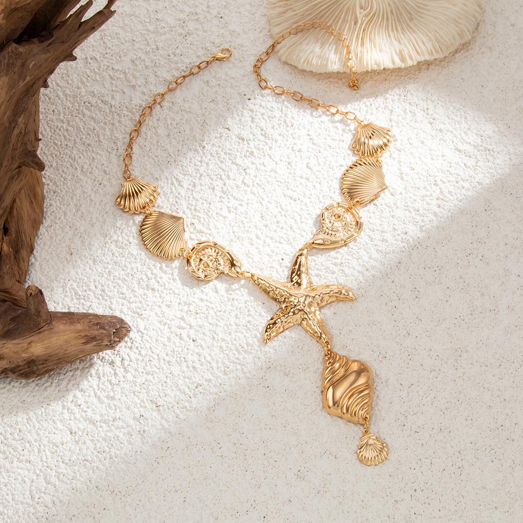 Handmade Starfish Scallop Conch Pendant Choker Necklace Holiday Bohemian Adjustable Chain Grunge Jewelry Gift Punk Metal Necklaces for Women