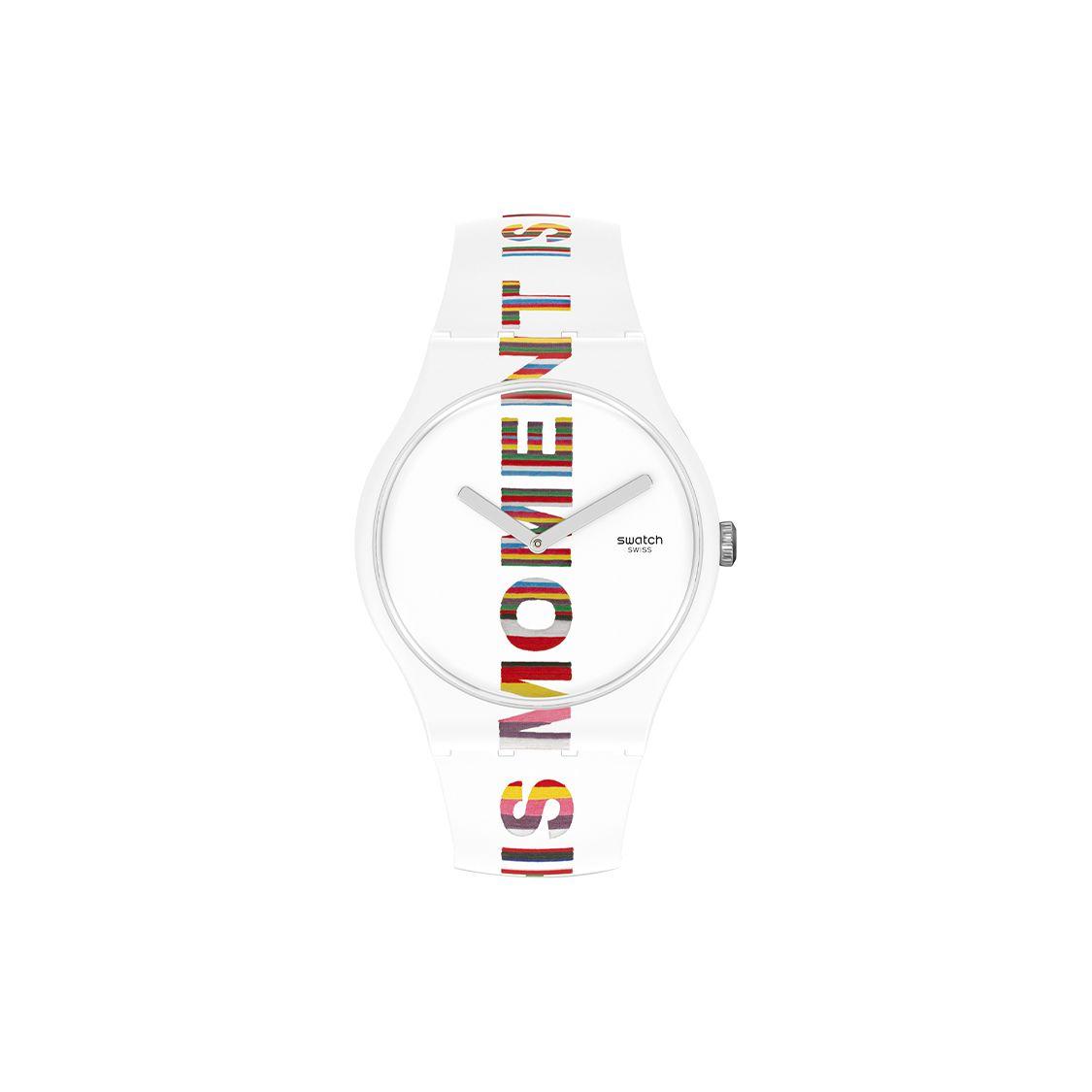 Swatch Art Collaboration Series Quartz Movement Waterproof Design Trend Unisex Watch 41Mm White Dial Plastic Case Silicone Strap SUOZ330 White