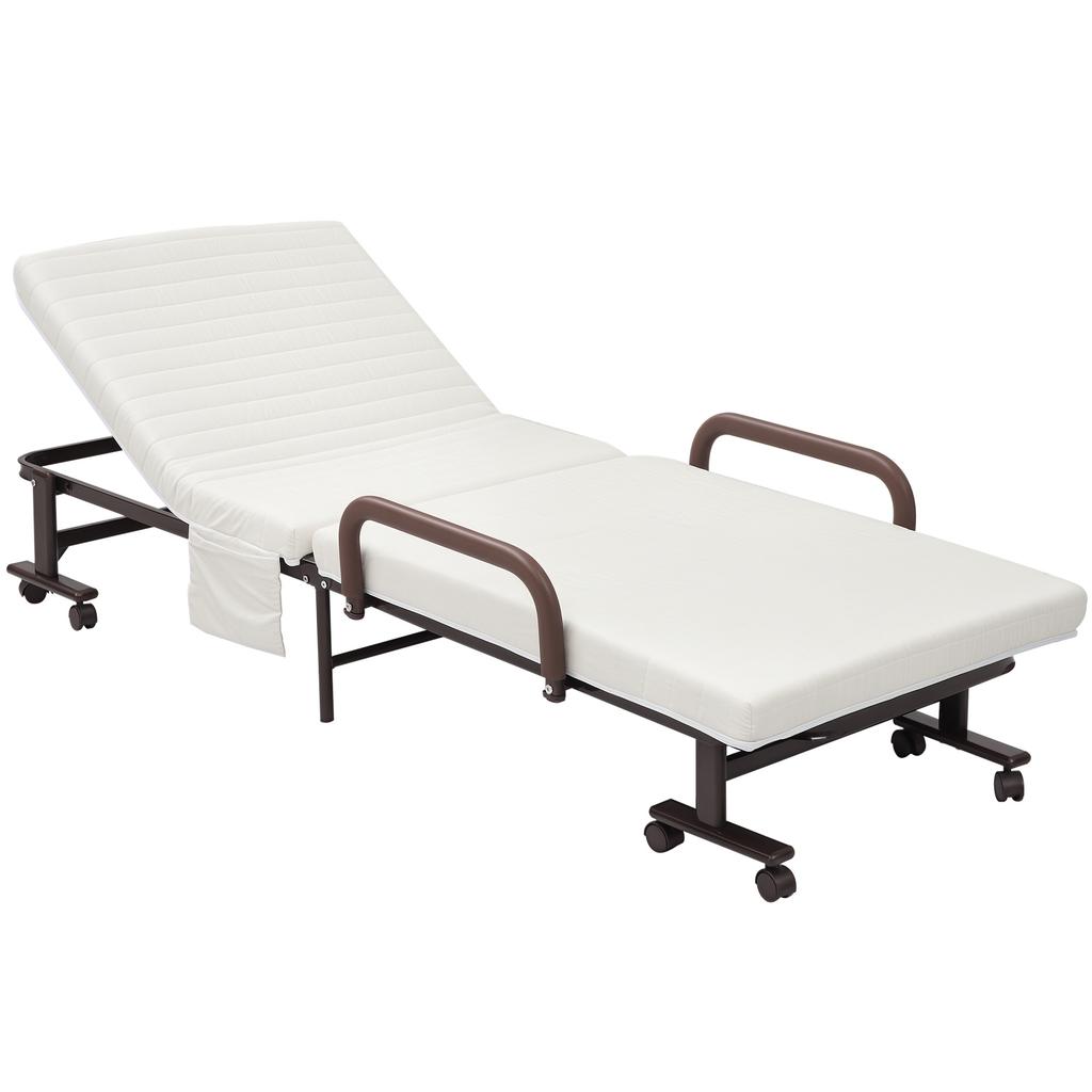 Folding Bed with Mattress, Single Guest Bed, Portable Fold Bed with Adjustable Backrest, Metal Frame on Wheels, White, 190 x 76 cm