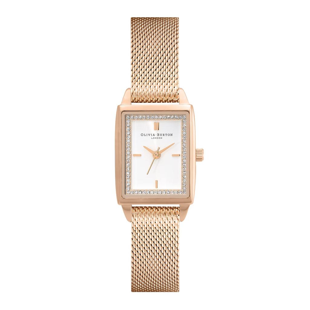 OLIVIA BURTON Townhouse 21mm Rectangle White & Carnation Gold Mesh Watch Ob24000015