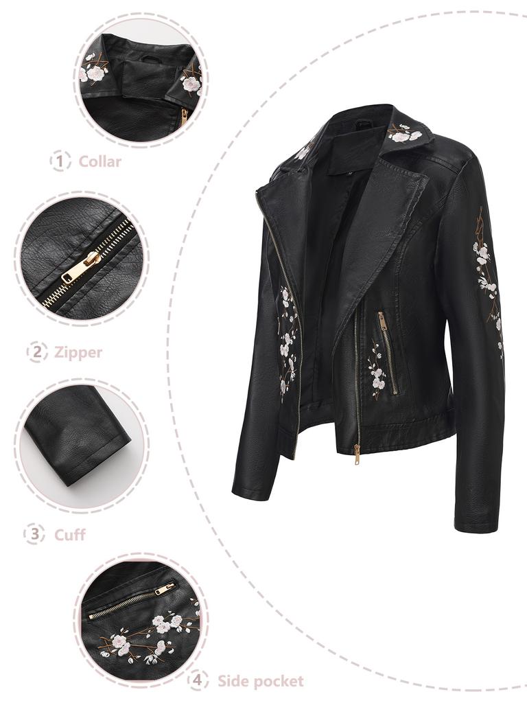 Embroidered Leather Jacket with Diagonal Zipper, Long Sleeved Spring and Autumn Jacket, European Women's Motorcycle Jacket