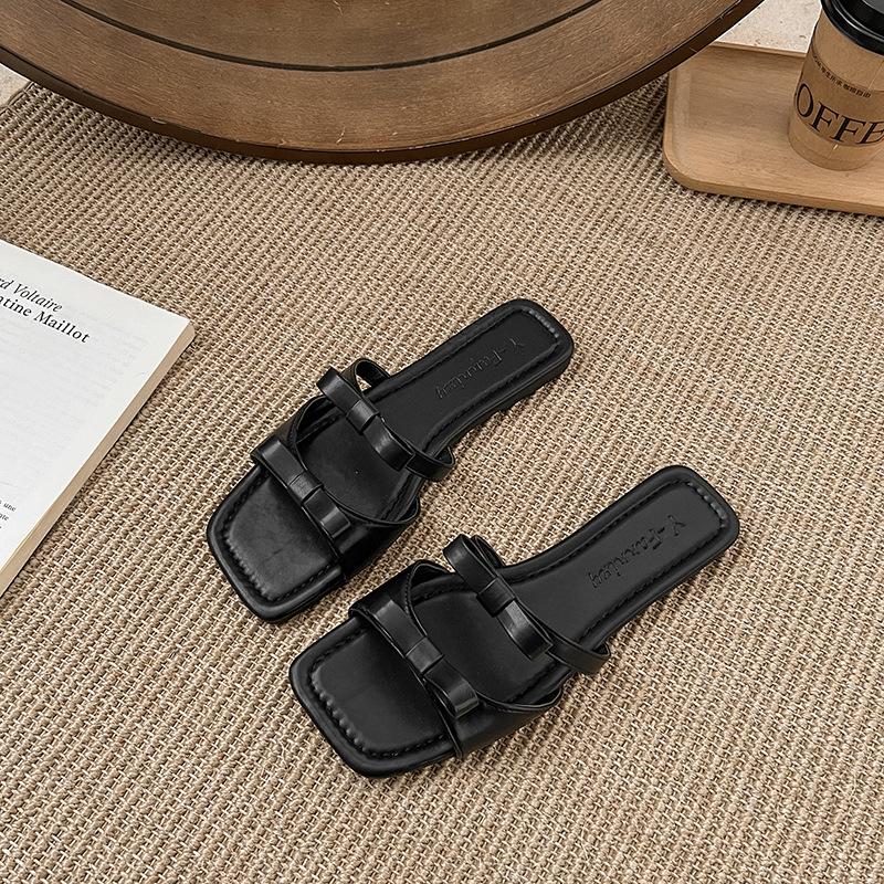 

French gentle fairy style fashion bow one-word slippers women s 2025 new retro with skirt cool slippers 42 чёрный