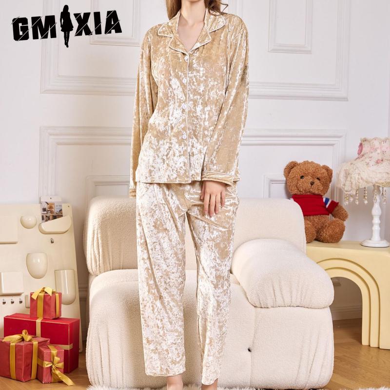 GMXIA Autumn and Winter Women's Gold Diamond Velvet Pyjamas Long-sleeved Trousers Two-piece Warm Thickened Velvet Homewear Set
