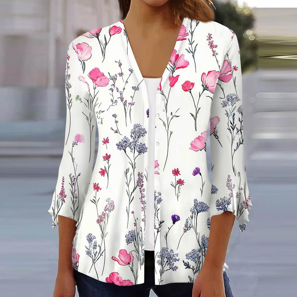 Women's Fashion Loose Casual Printed Seven-Part Sleeve Button Down Blouse Cardigan Top
