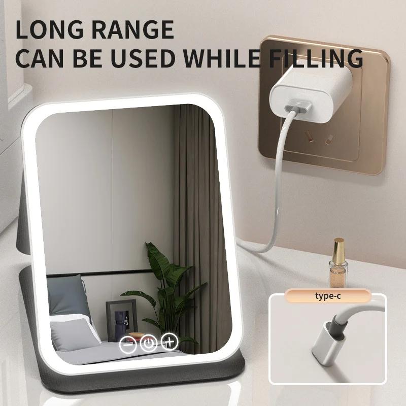 Fold LED Dimmable Makeup Mirror 3 Colors Light Adjustable Brightness USB Charging Fold Mirror Tabletop Vanity Mirror for Travel