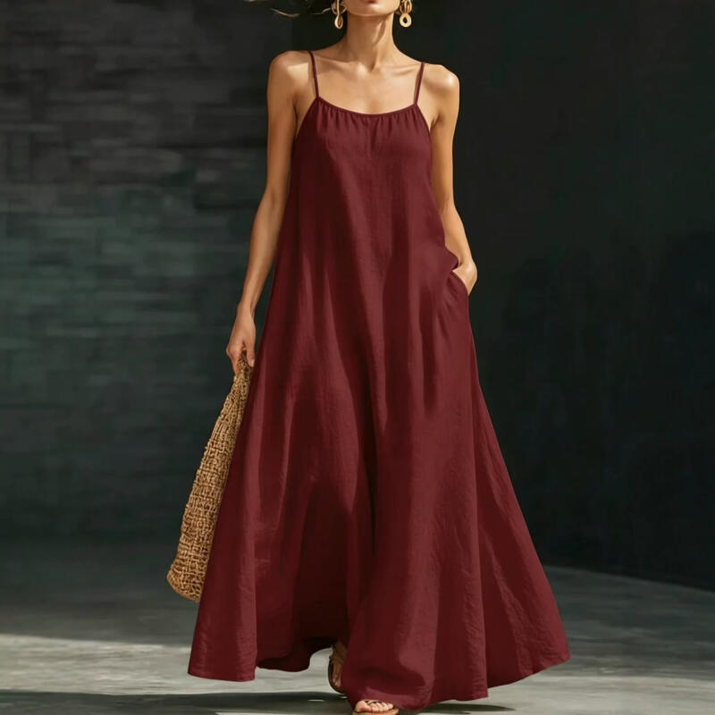 Women's Loose Fit Sleeveless Maxi Dress Casual Spaghetti Strap Long Sundress with Pockets for Summer Beach Holiday