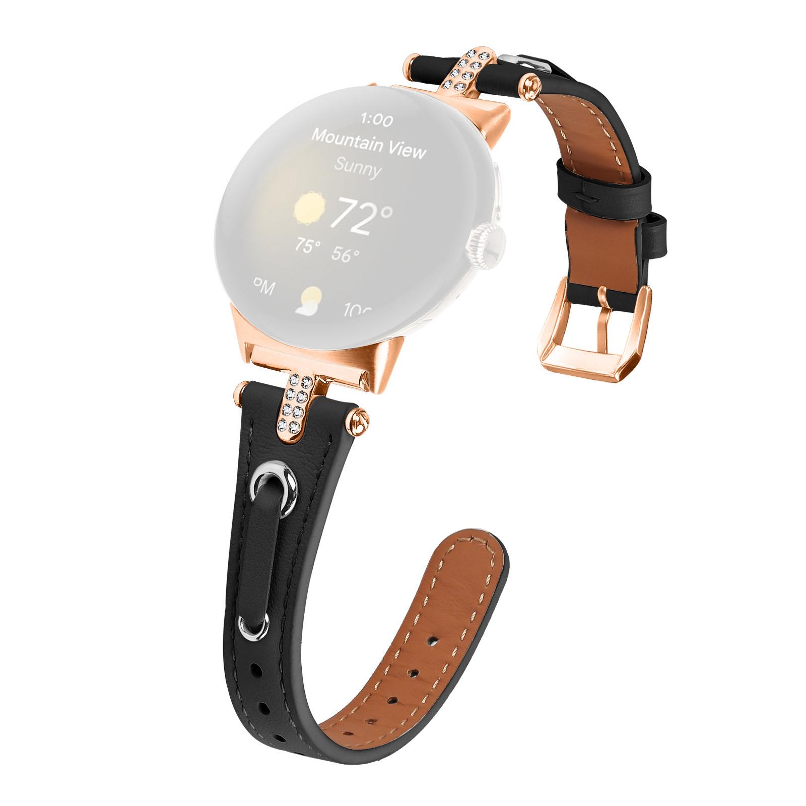 

For Google Pixel Watch 3 41mm/Watch 2/Pixel Watch Genuine Cow Leather Watch Strap Rhinestone Decor Rose Gold Buckle Watch Band Black