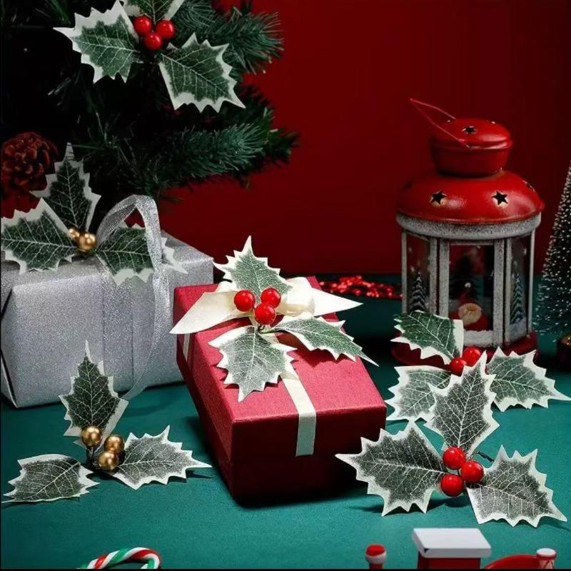 10 Stück Künstliche Stechpalmenbeeren mit grünen Blättern DIY Weihnachts-Kranz Hochzeitsblumen Geschenke Weihnachten Neujahr Festival Dekorationen