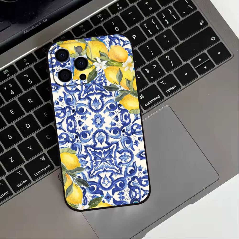 Mediterranean Lemon Fruit Art Phone Case For iPhone 17,16,15,14,13,12,11 Plus,Pro Max,XS,Soft Silicone Black Cover
