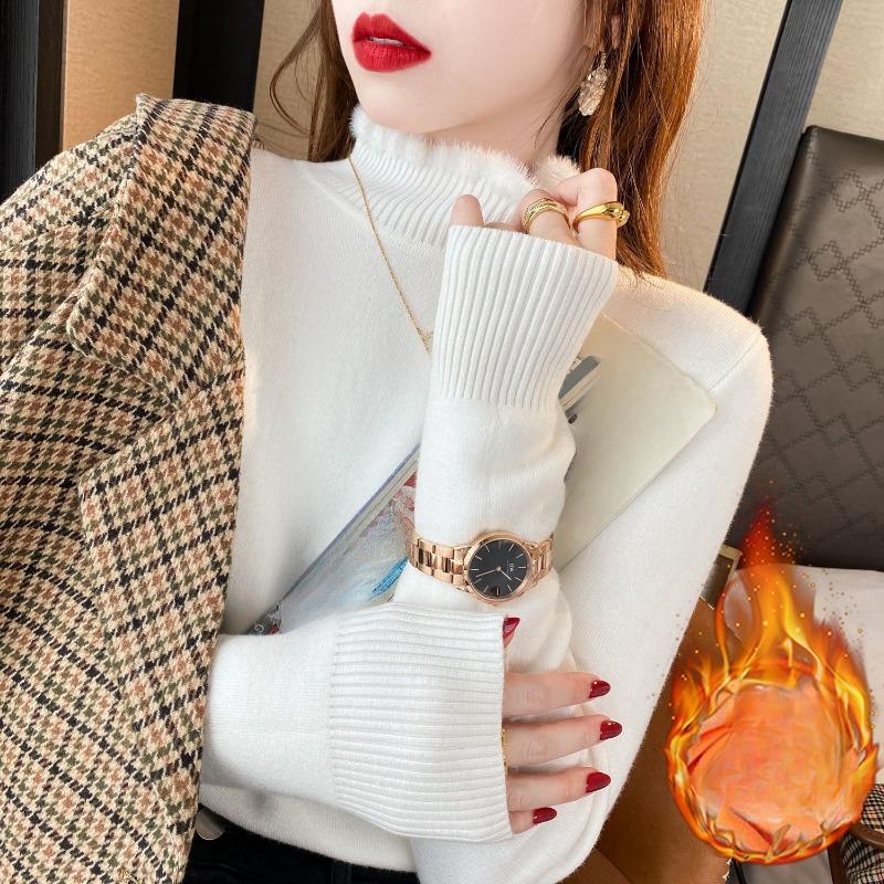 Winter Female Plush Sweater Women Half High Collar Long Sleeved Thickened Velvet To Keep Warm Knitwear Lady Versatile Solid Color Basic Pullover