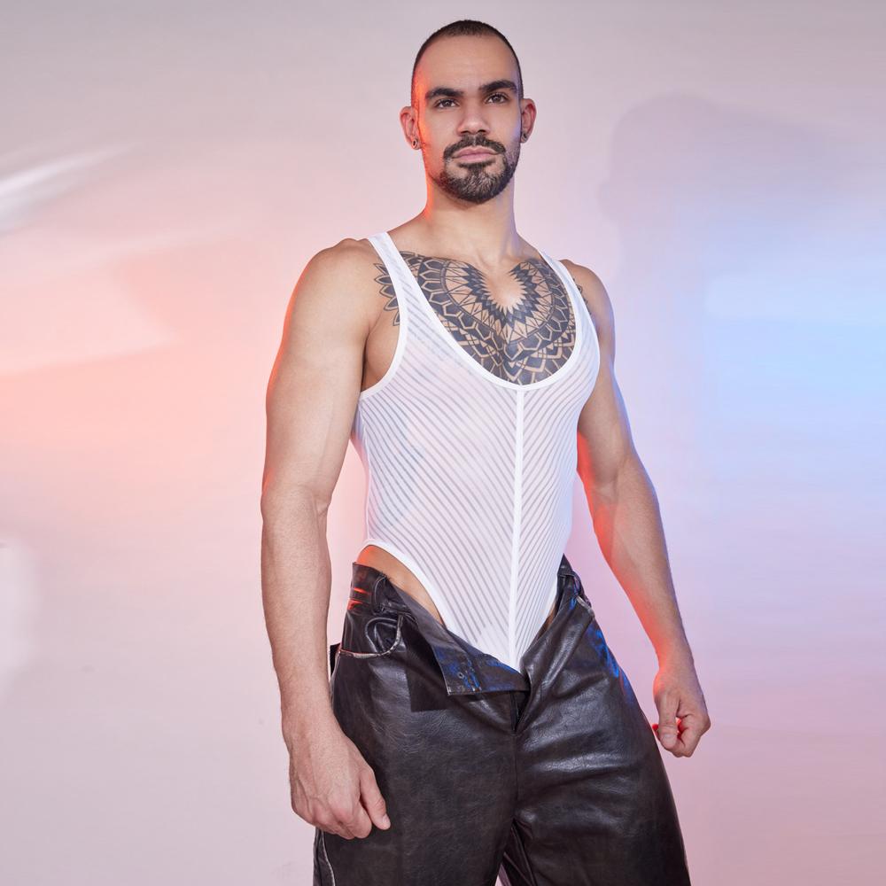 Sexy Men Stripe Patchwork Tank Top Oil Glossy Shiny Vest Sheer See Through Thong Maid Tights Elastic Shaper Bodysuit
