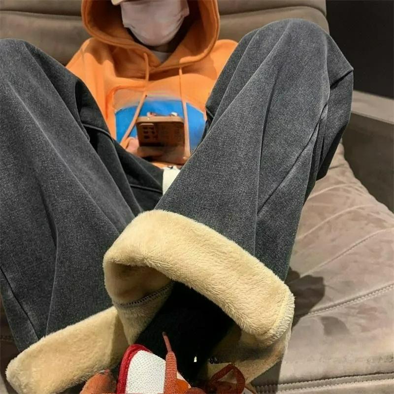 

Plus Velvet Thickened Smoky Gray Jeans Female Students Keep Warm In Winter and Wear High-waisted Drape and Thin Straight-leg Pants XS серый