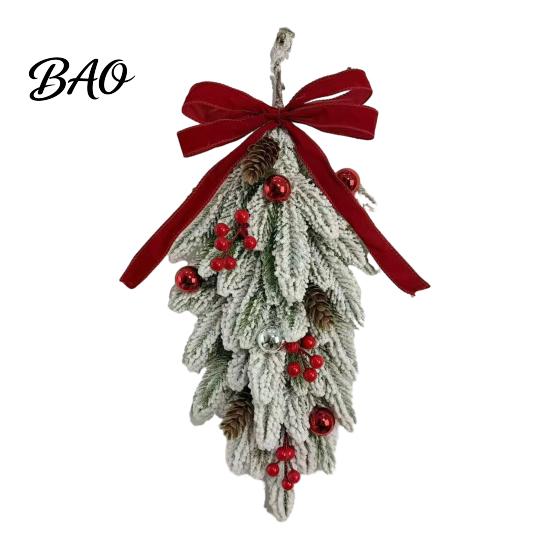 Winter Holiday Home Decor Flocked Christmas Teardrop Swag for Front Door, Artificial Pine with Red Wreaths Berries Velvet Bow, Snowy Hanging