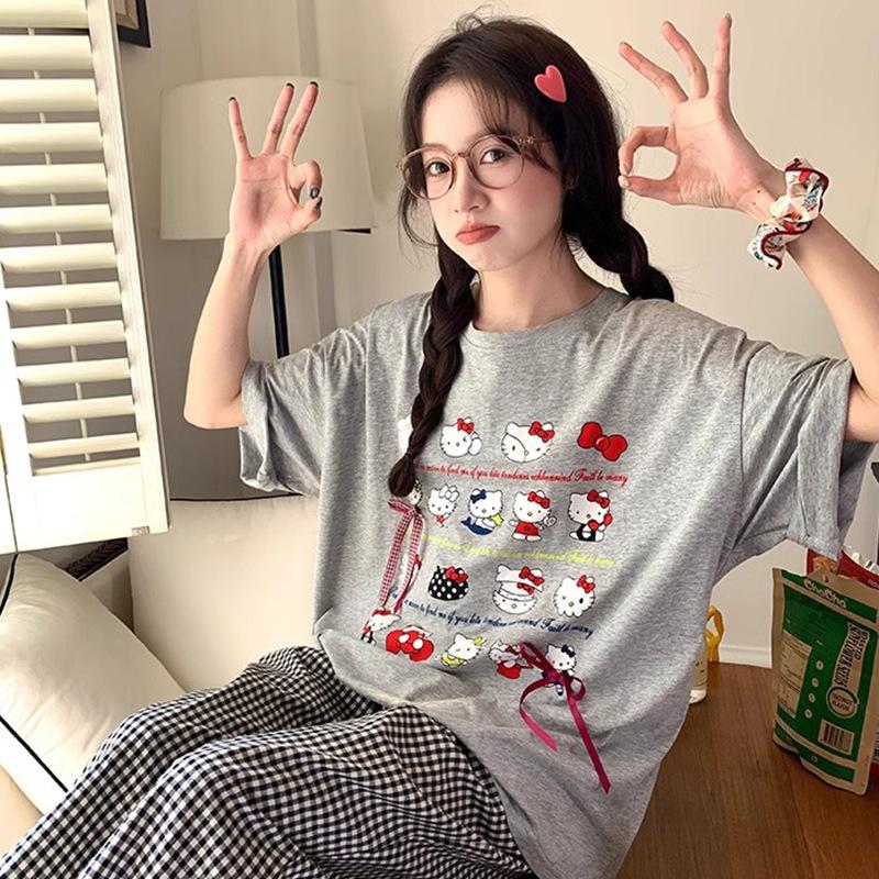 

Comes with chest pads, bows, cartoon cats, short-sleeved pajamas, women s loose plaid trousers, loungewear set M