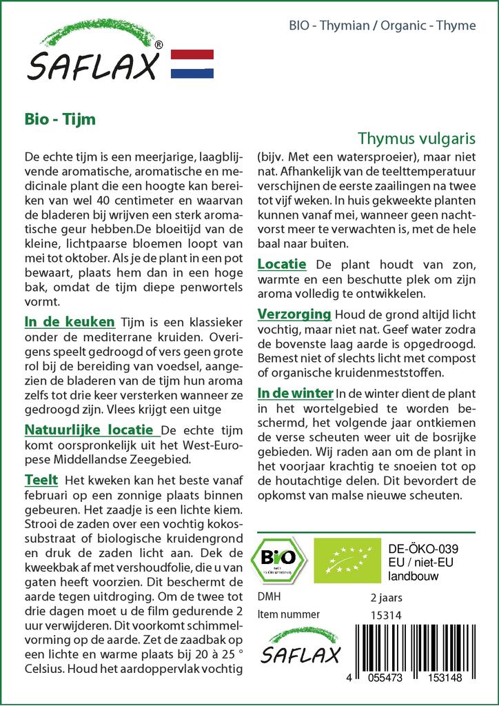 SAFLAX Garden In the Bag - Organic - Thyme - 800 Seeds - With Substrate In a Fitting Stand Up Bag - Thymus Vulgaris