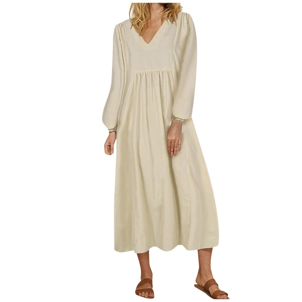 Women's Summer And Fashion V-neck Cotton Linen Loose Sleeves Long Sleeve Dress