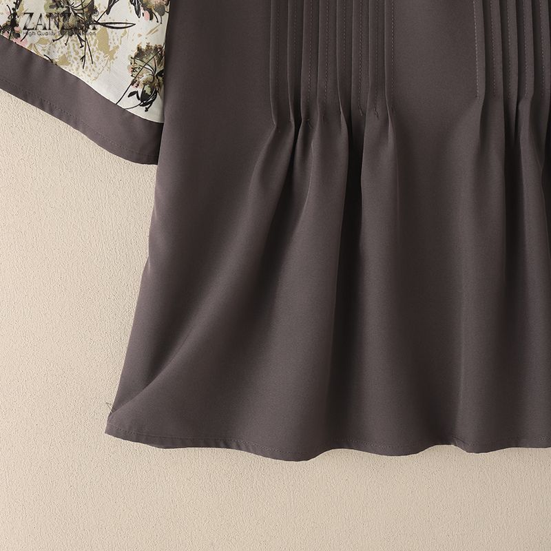 ZANZEA Women Casual Round Neck Print Splice Loose Half Sleeve Blouse