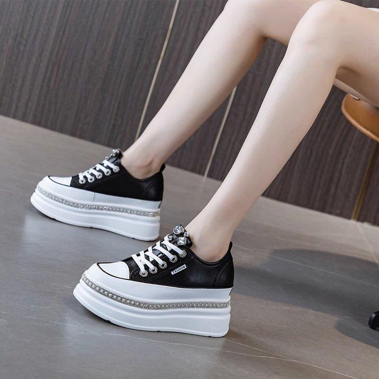 Women's Spring Fall White Sneakers Thick Bottom Muffin Inner Height Increase Rhinestone Decor Casual Sports Shoes