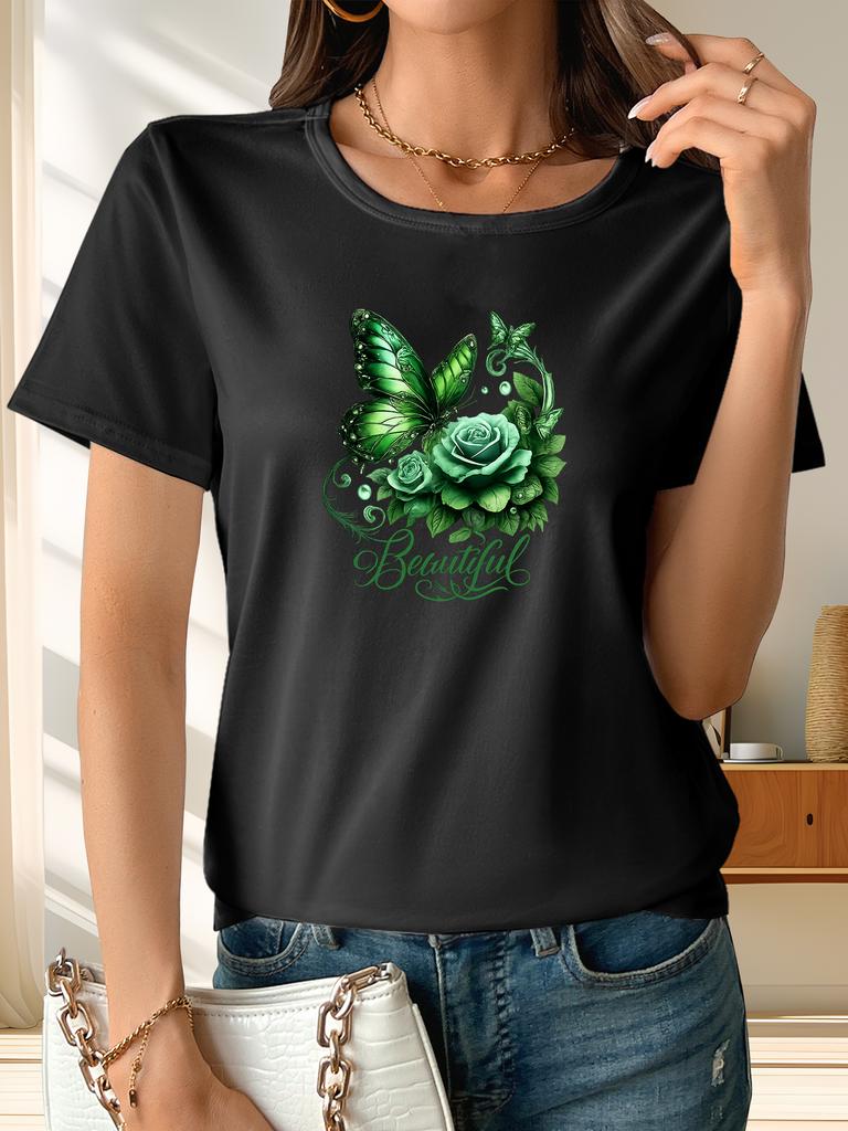 Dames "Mooi" Artistieke Vlinder en Roos, Zacht en Ademend Polyestervezel, Gemiddelde Elasticiteit Modieuze Stijl, Casual Korte S