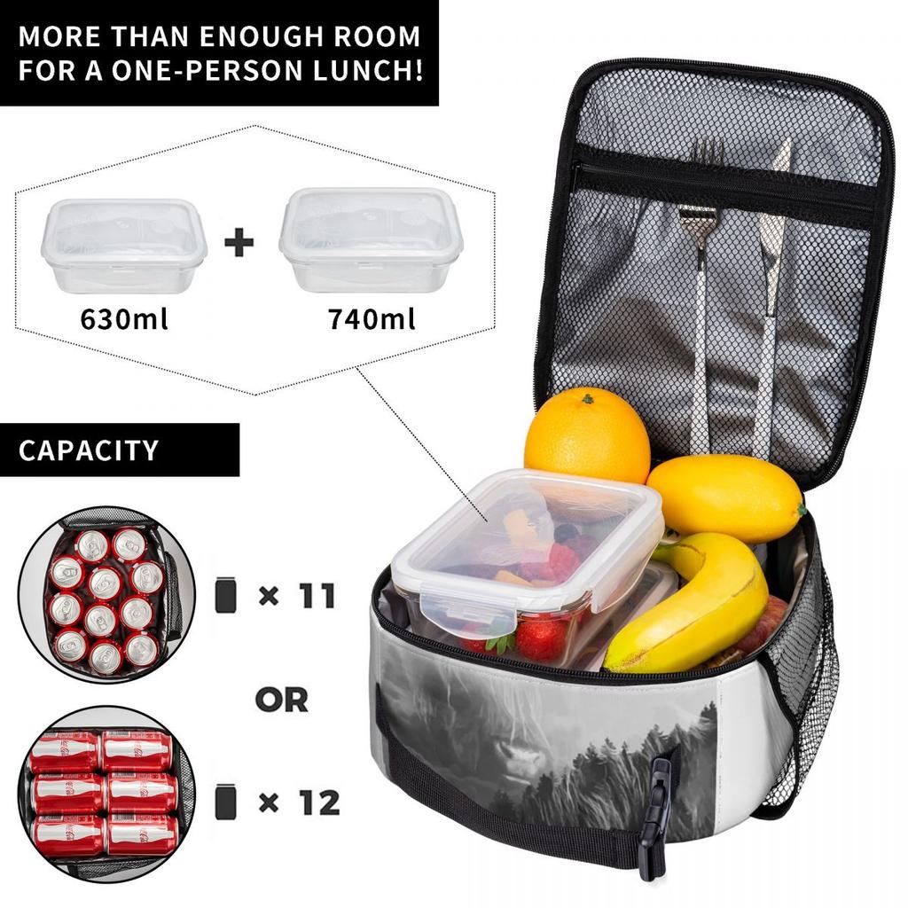 Grey Highland Yak Pattern Insulated Lunch Bag for Women Children Portable Food Boxes Thermal Lunch Box Tote