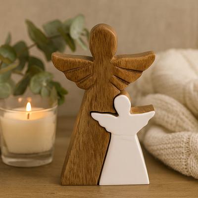 Figurine d'ange en bois de manguier imbriquée Émail blanc