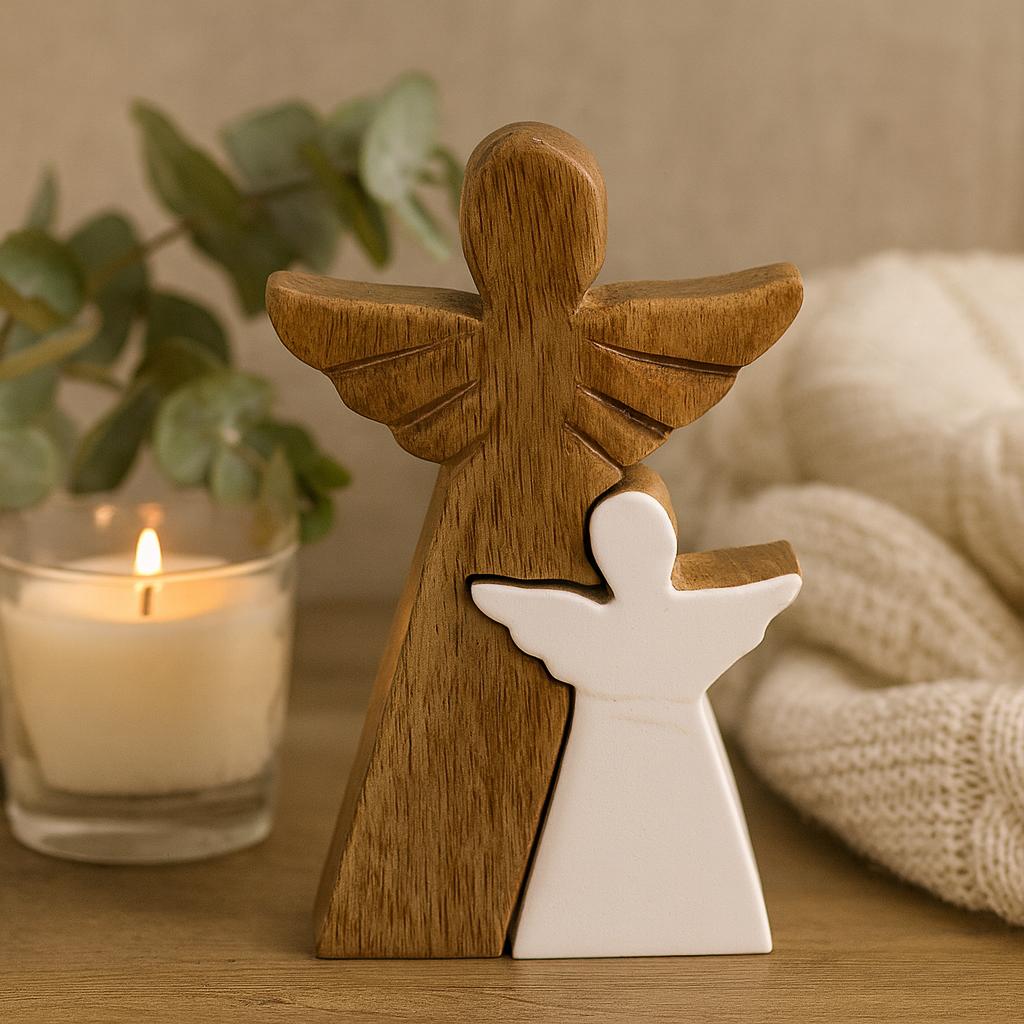 Shamtam White Nested Mango Wood Angel Figurine Enamel