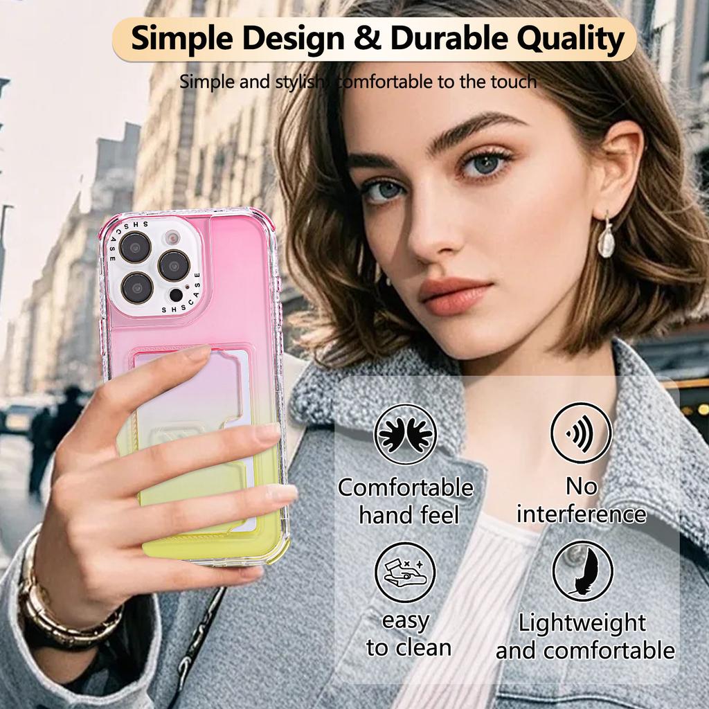 For iPhone 16 Pro Case Card Holder Gradient Color PC+TPU Anti Drop Phone Back Cover with Lens Film