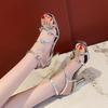 Fashion Square Toe Temperament Versatile Cross Strap One Strap Flower Rhinestone Stiletto Sandals Summer New High Heels Women