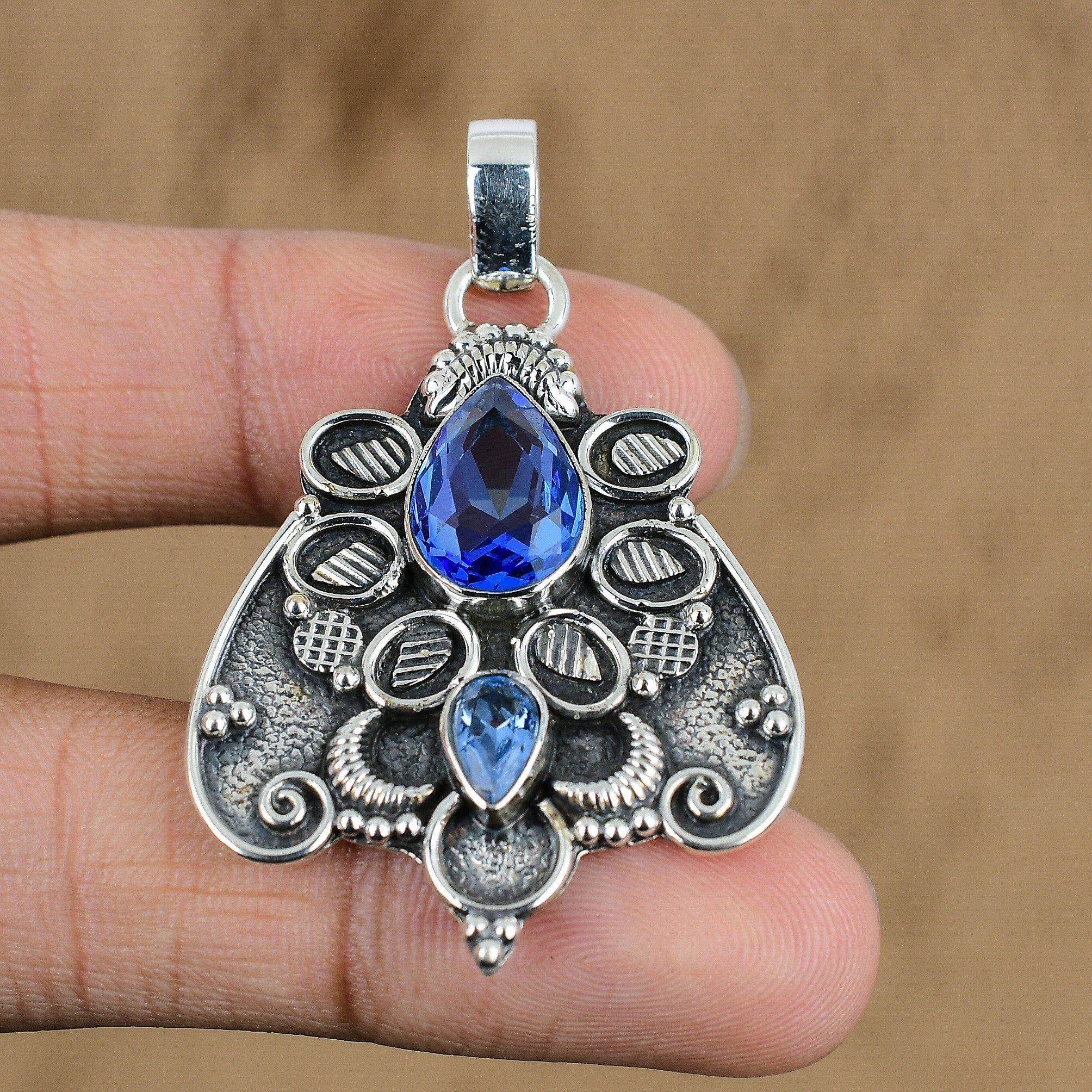 

Anniversary Gift For Her Natural Tanzanite Quartz Gemstone Pendant 925 Silver