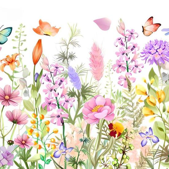Bunte Blumendekor Wildblumen Schmetterlinge Grünes Gras Wandsticker Abnehmbar Abziehen