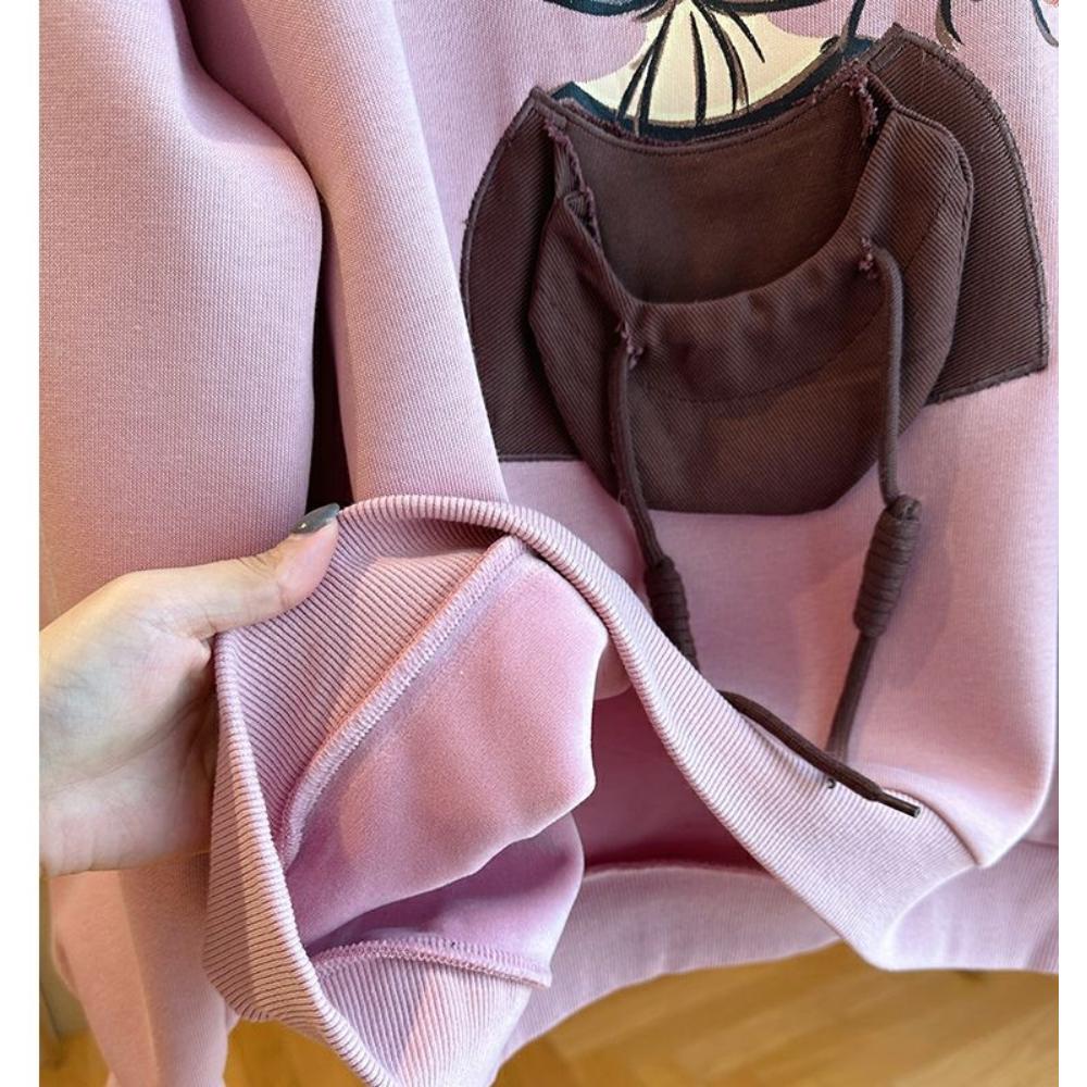 Korean Printed Fleece Hoodie for Women Loose and Niche Pullover Top