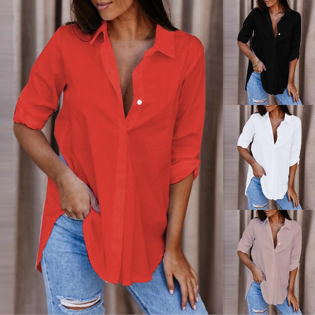 Blouse For Women's Long Sleeve Button Down Shirts Casual Loose  Business Work Tunic Top