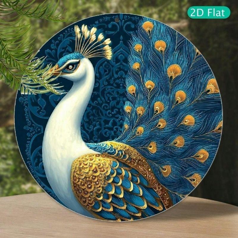 Metal Wall Art Peacock Open Tail Retro Round Poster for Living Room
