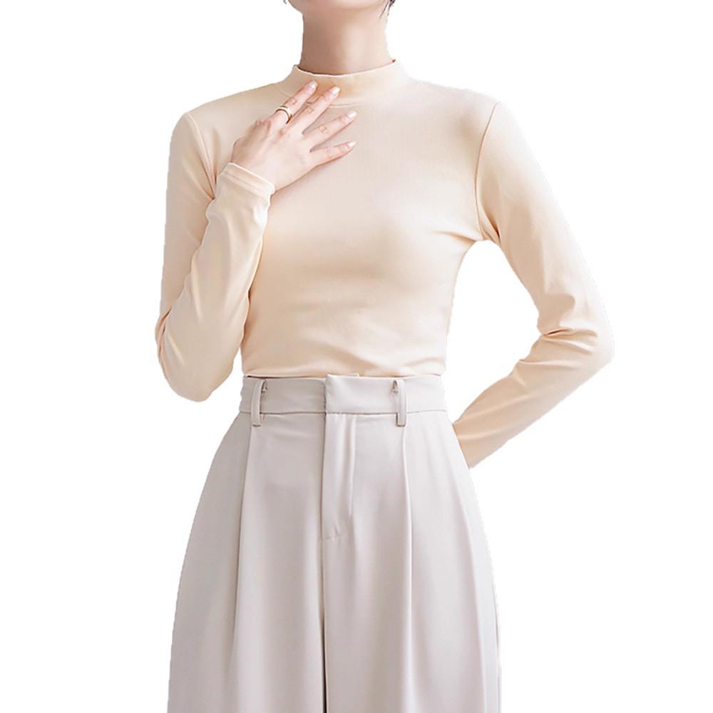 Women's Slim-Fit Stand Collar Long-Sleeve Fleece Base Layer Top - White, Ideal for Autumn and Winter Layering.