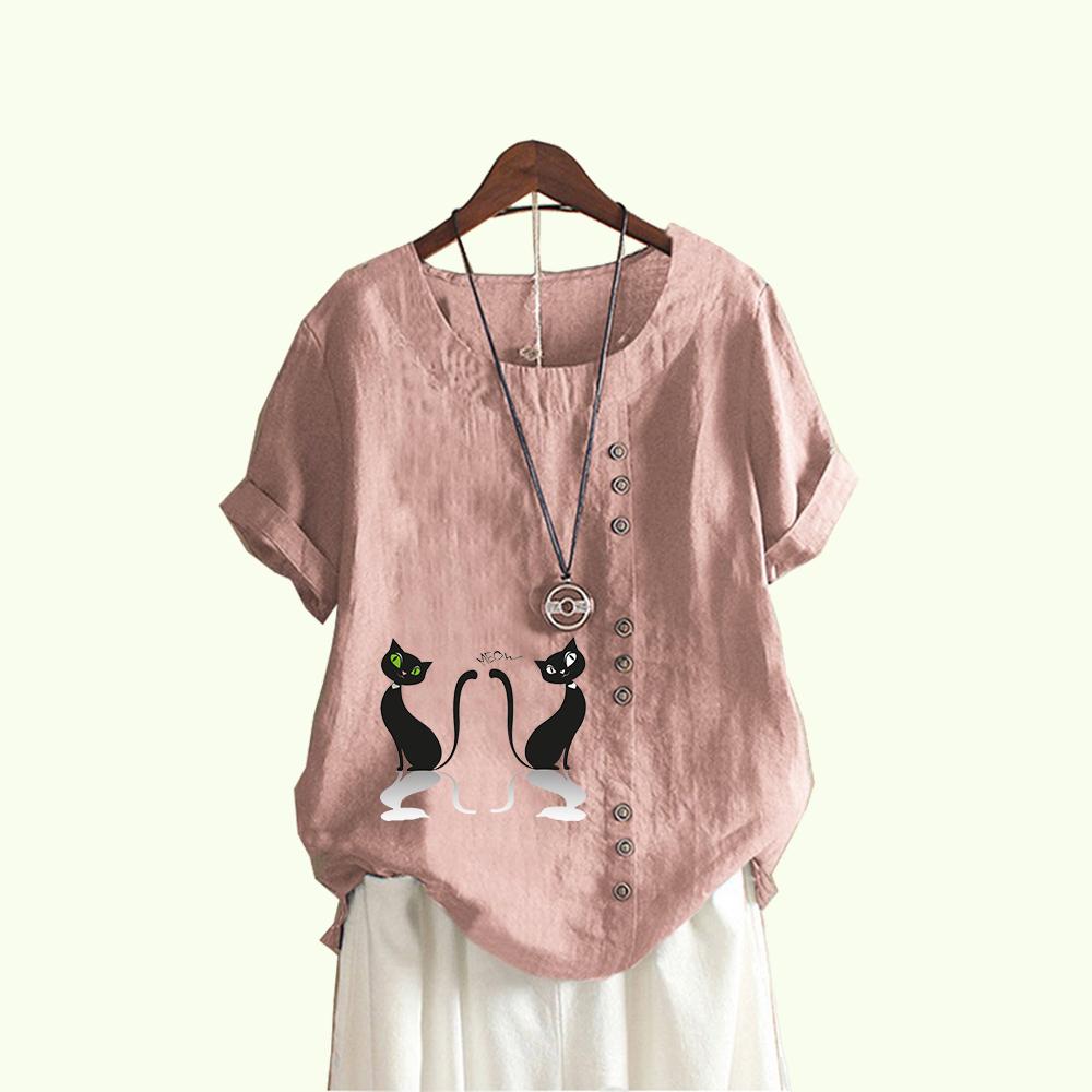 Women Fashion Cat Print Short Sleeve Blouses Summer Casual Round Collar Pullover Loose Cotton Linen T-shirt