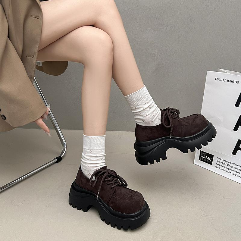 European Matte Leather Big Head Lace-up Single Shoes Women's 2025 Autumn New Thick-soled Versatile Muffin Heightening Loafers