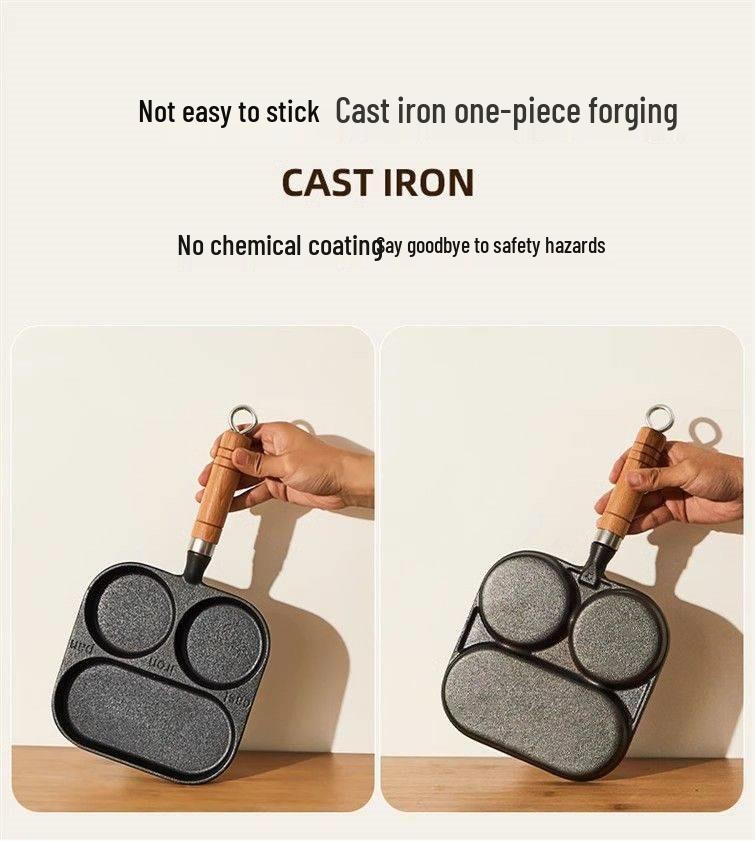 Cast Iron Non-stick Breakfast Pan: 3-in-1 Omelet, Burger Mold, Egg & Dumpling Maker