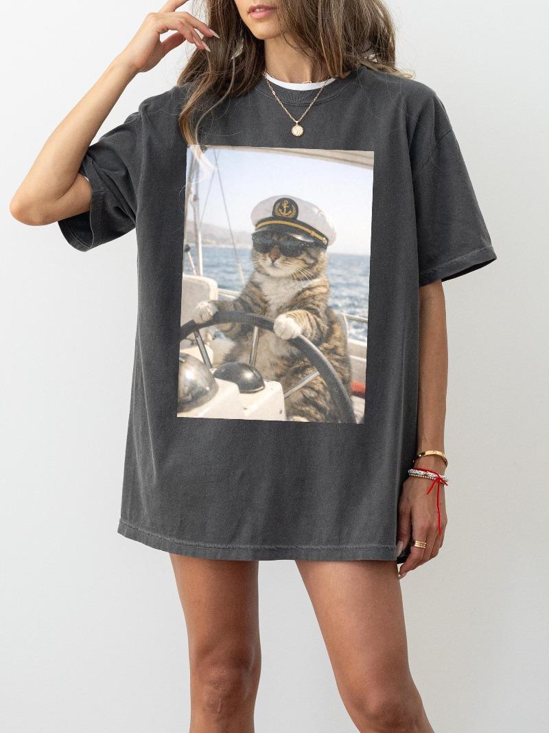 Vintage Cat Tshirt Funny Cats Sailing Graphic Tee Summer Unisexs And Unisexs Loose And Breathable Tshirt Top S