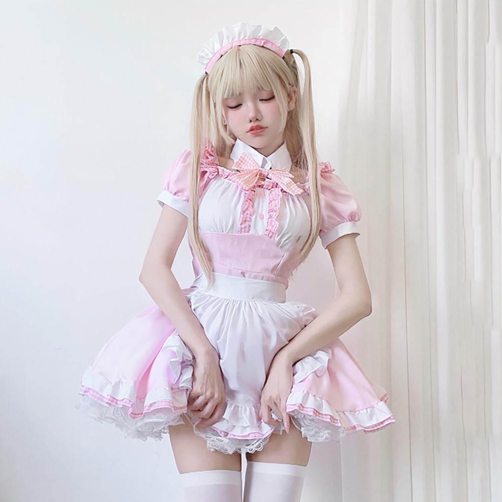 Shangki Manufacturing Gothic Lolita Dienstmädchen Moe Cosplay Short mit ordentlicher und hübscher Kellnerin Rosa Dienstmädchen Übergröße Outfit, Kostüm, Ärmel, Rüschen,