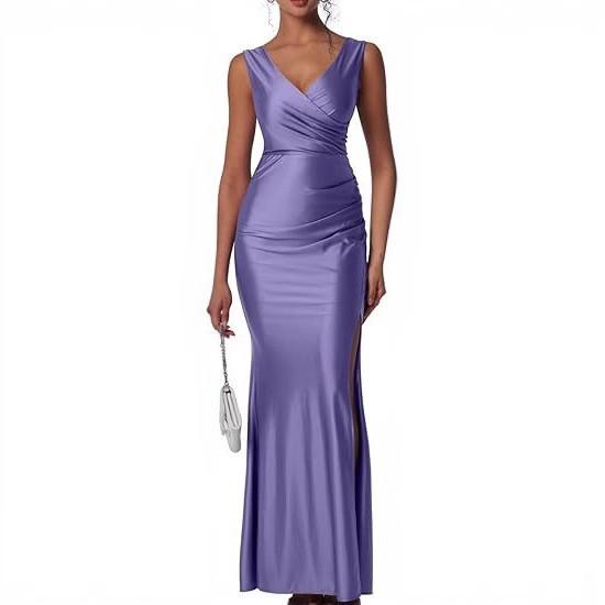 Vestido Satinado de Color Sólido Europeo y Americano Delgado con Abertura y Diseño ceñidor de Cintura