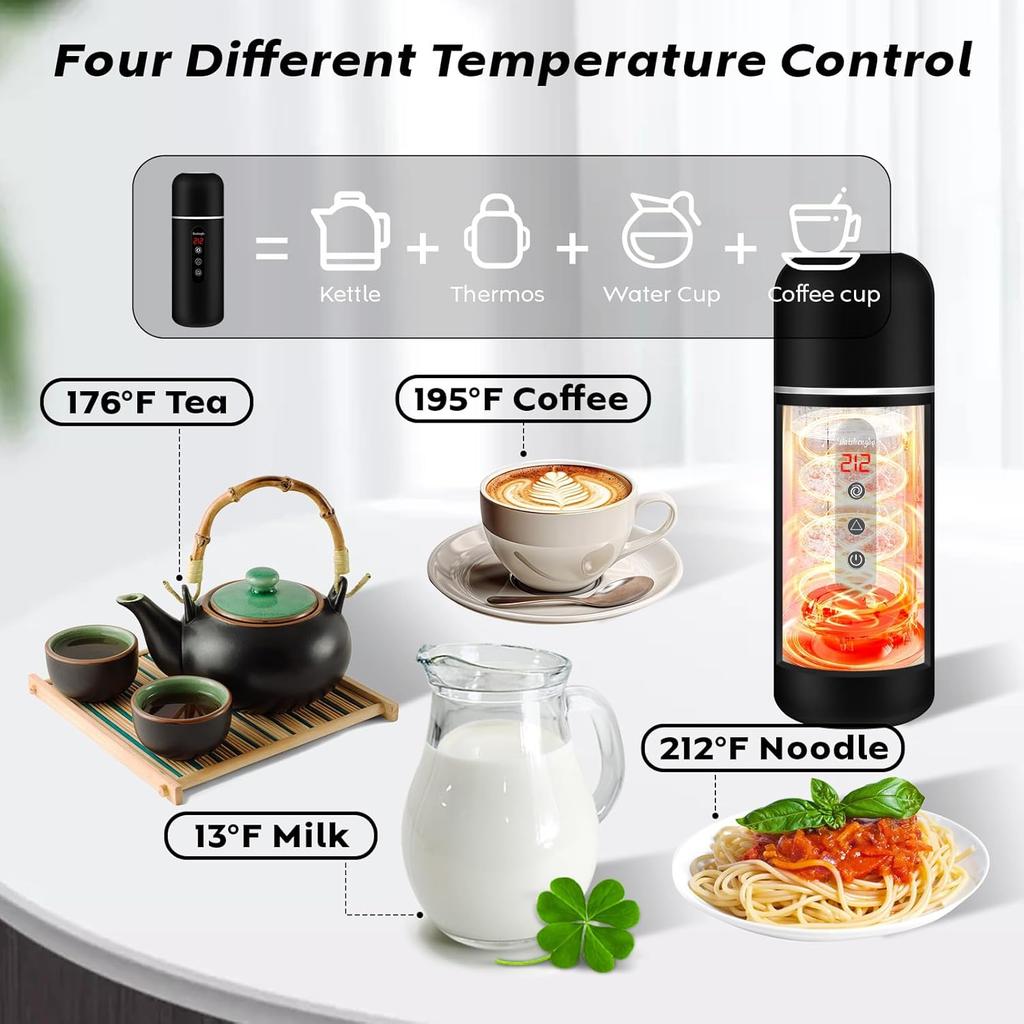 Electric Travel Kettle,12V/24V Car Coffee Warmer Kettle,Portable Hot Water Boiler,Small Hot Water Heater with Built-in Magnetic Induction Stirring