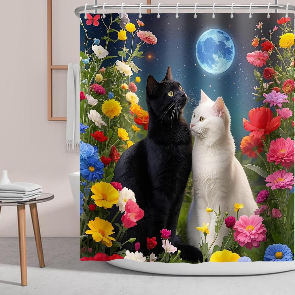 Katt Duschdraperi Biblioteksbok Kattunge på Bokhylla, Vas Blomma Boho Tyg Duschdraperier Badrumstillbehör 72x72 Tum