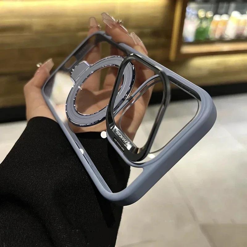 Luxury Ring Magnetic Glass Lens Stand Phone Case for iPhone 17 16 11 13 14 12 15 Pro Max Funda Magsafe Clear Protect Cover