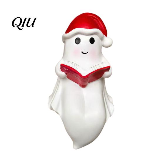 Indoor Tabletop Christmas Decor Cute Ghost Reading Book Lamp, Resin Figurine with Santa Hat, Desktop Ornament for Warm Lighted Halloween Night
