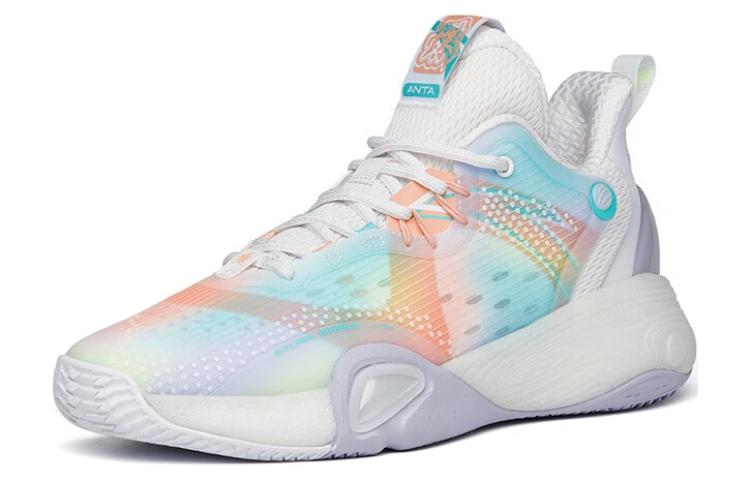 Men's Sneakers ANTA Bubble Bomb Basketball Shoes Men's Low-top Ivory White/Fluorescent Aqua/Light Rainbow Pink