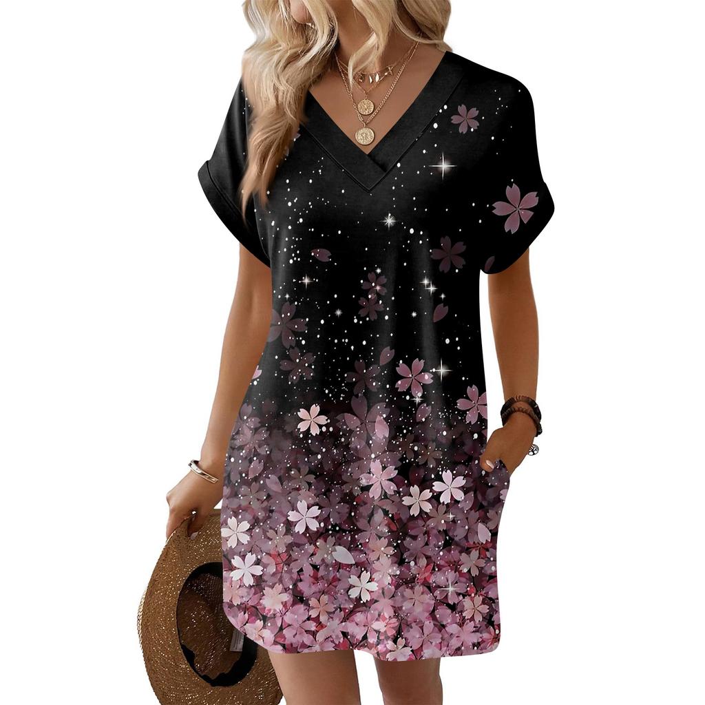 Women's Fashion Print V-Neck Short Sleeve Pocket Casual Pullover Dress