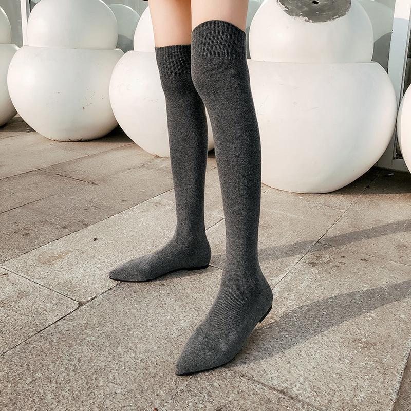 Größe 34-40 Mode Schlanke Bein Oberschenkelhohe Sockenstiefel Damen Schwarz Stretchstoff Spitze Flache Absätze Über das Knie Zum Hineinschlüpfen Schuhe