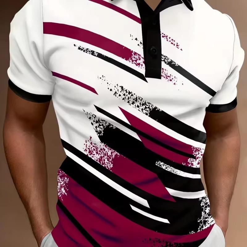 Fashion Men'S Polo Shirt 3D Geometric Stripe Pattern Summer Short Sleeve TShirts Casual Daily Lapel Tops Tees Striped T Shirt Man Clothing